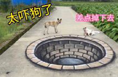 在马路上画一个坑，狗看到吓得都不敢过了，太搞笑了哈哈哈