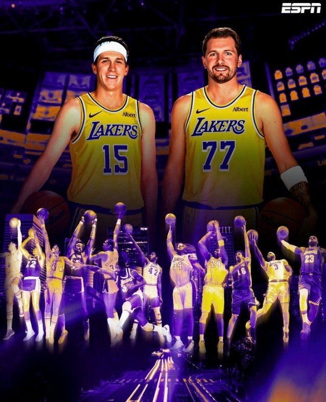 承紫金荣光!ESPN海报:十二大名宿托举东里组合开启湖人新时代